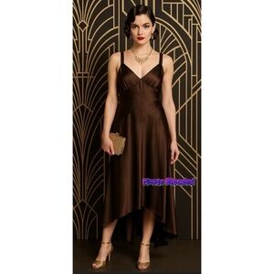 Jones New York Brown Dress Gatsby Rhinestone Silk Chiffon Cottage Fairy Art Deco